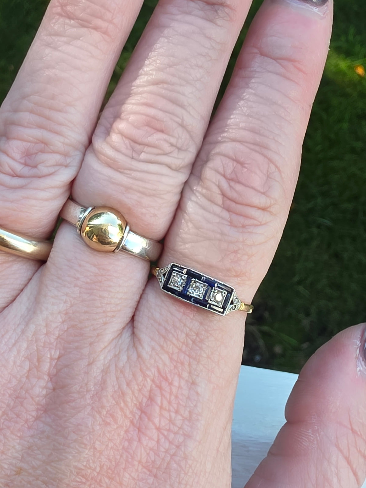 Antique Art Deco 18K Gold & Platinum Diamond and Synthetic Sapphire Panel Ring
