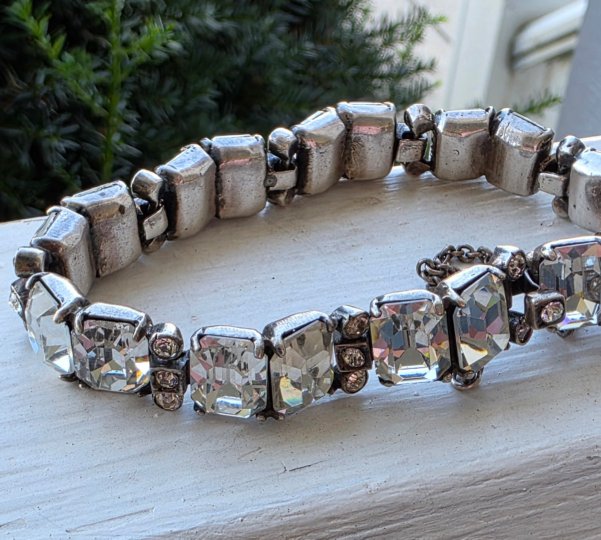 Vtg 1940s Eisenberg Original Sterling Silver Emerald Cut Rhinestone Bracelet