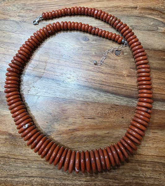 FAS Signed Southwestern Red Jasper Graduated Disc Bead Necklace 925 Silver