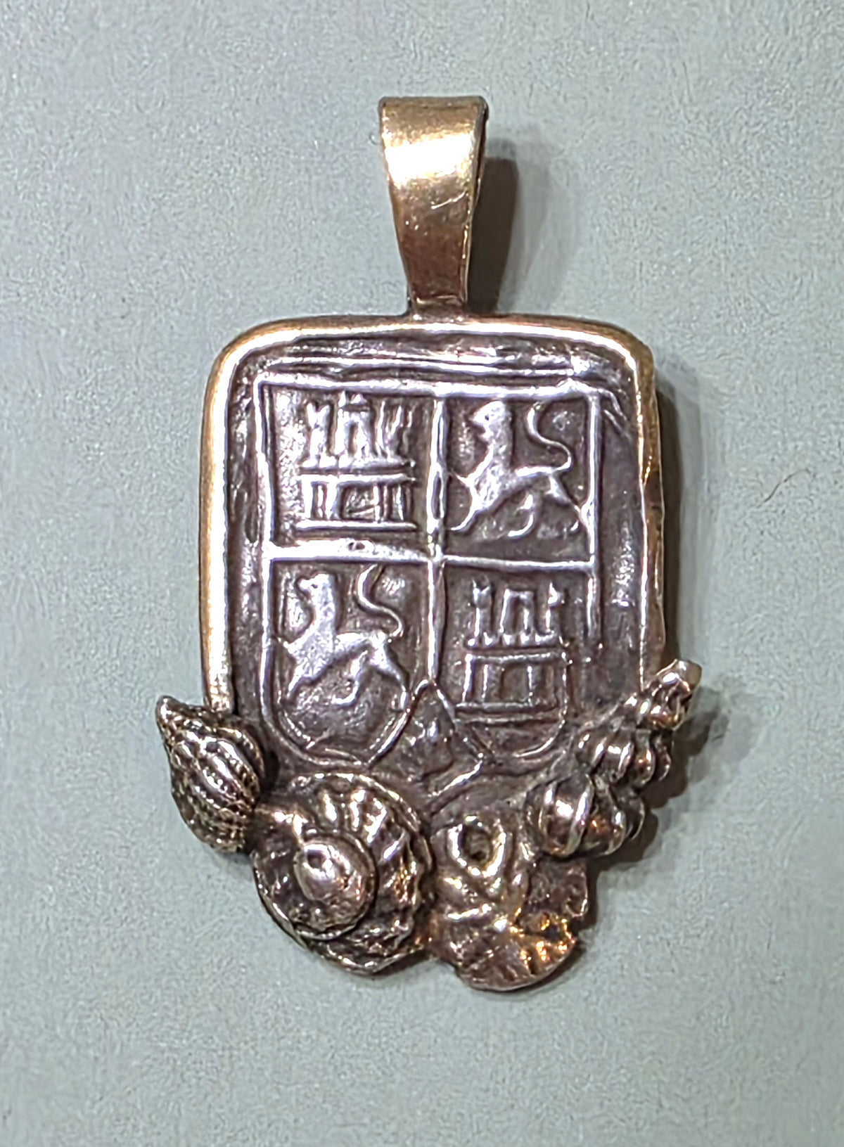 Sterling Vermeil Atocha Shipwreck Replica Coin Shield Pendant Seashell Accents
