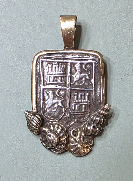 Sterling Vermeil Atocha Shipwreck Replica Coin Shield Pendant Seashell Accents