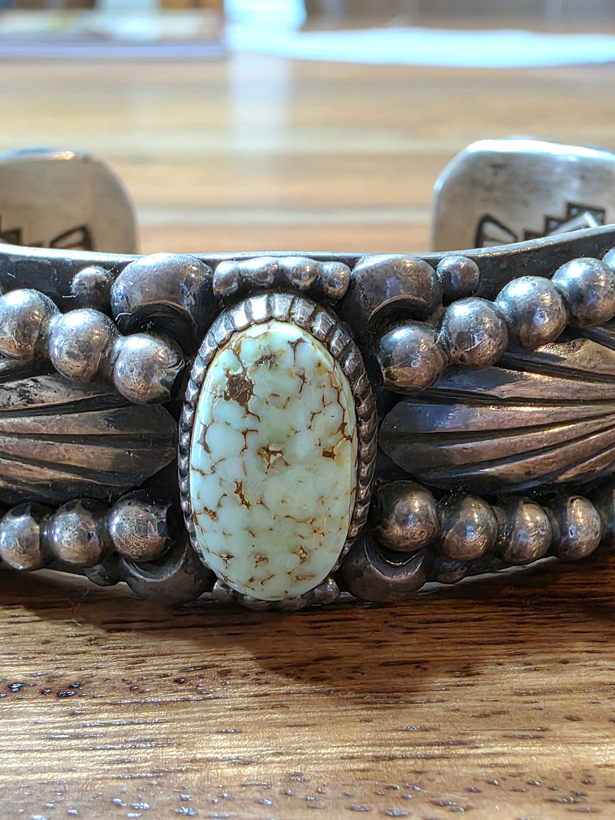 Navajo Delbert Gordon Dry Creek Turquoise Ornate Sterling Silver Cuff Bracelet