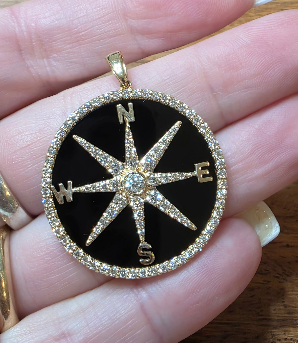 14k Yellow Gold Diamond & Black Onyx Compass Pendant