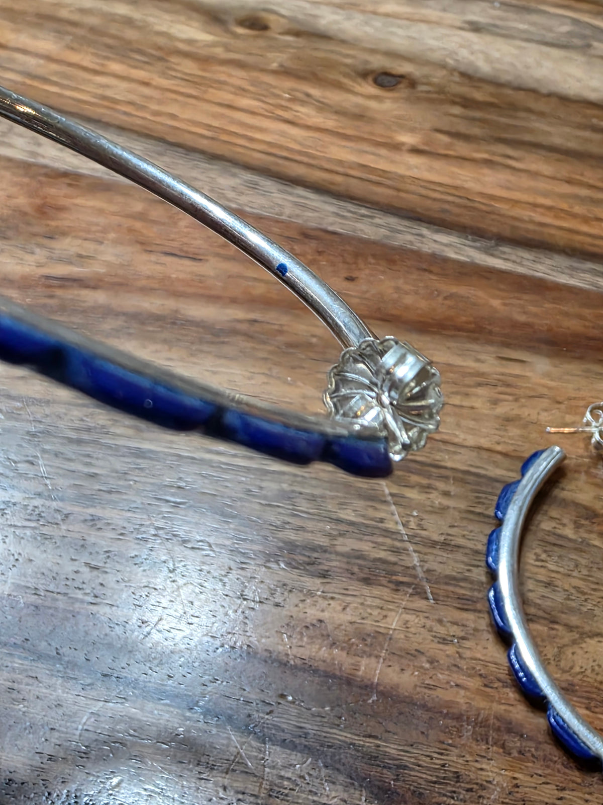 Large Federico Jimenez Sterling Silver Blue Lapis Lazuli Hoop Earrings 2 7/8"