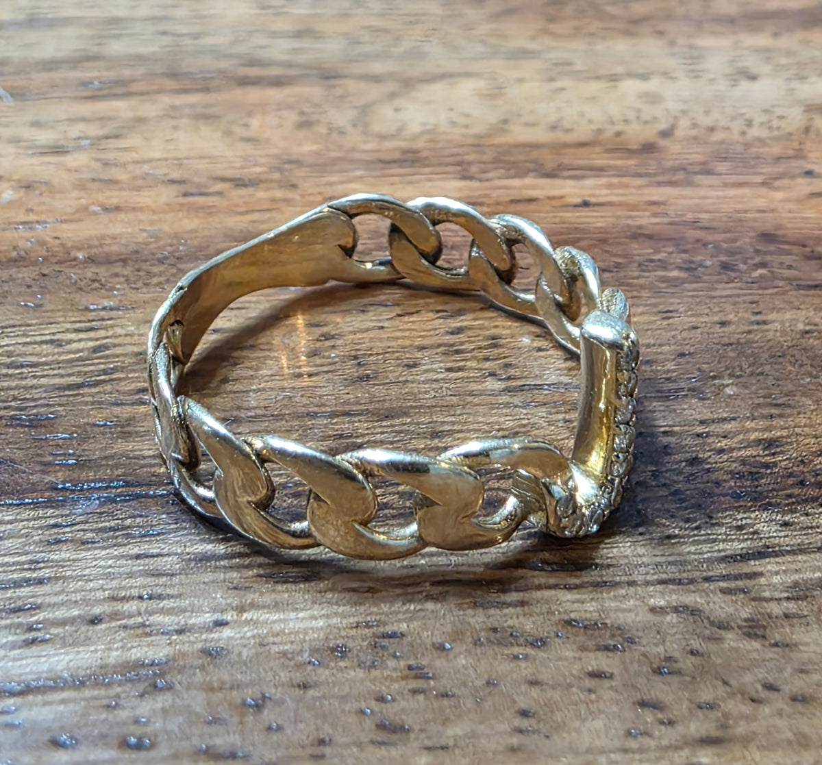 Vintage 14k Gold Diamond "J" Initial Cuban Chain Link Ring, Size 7