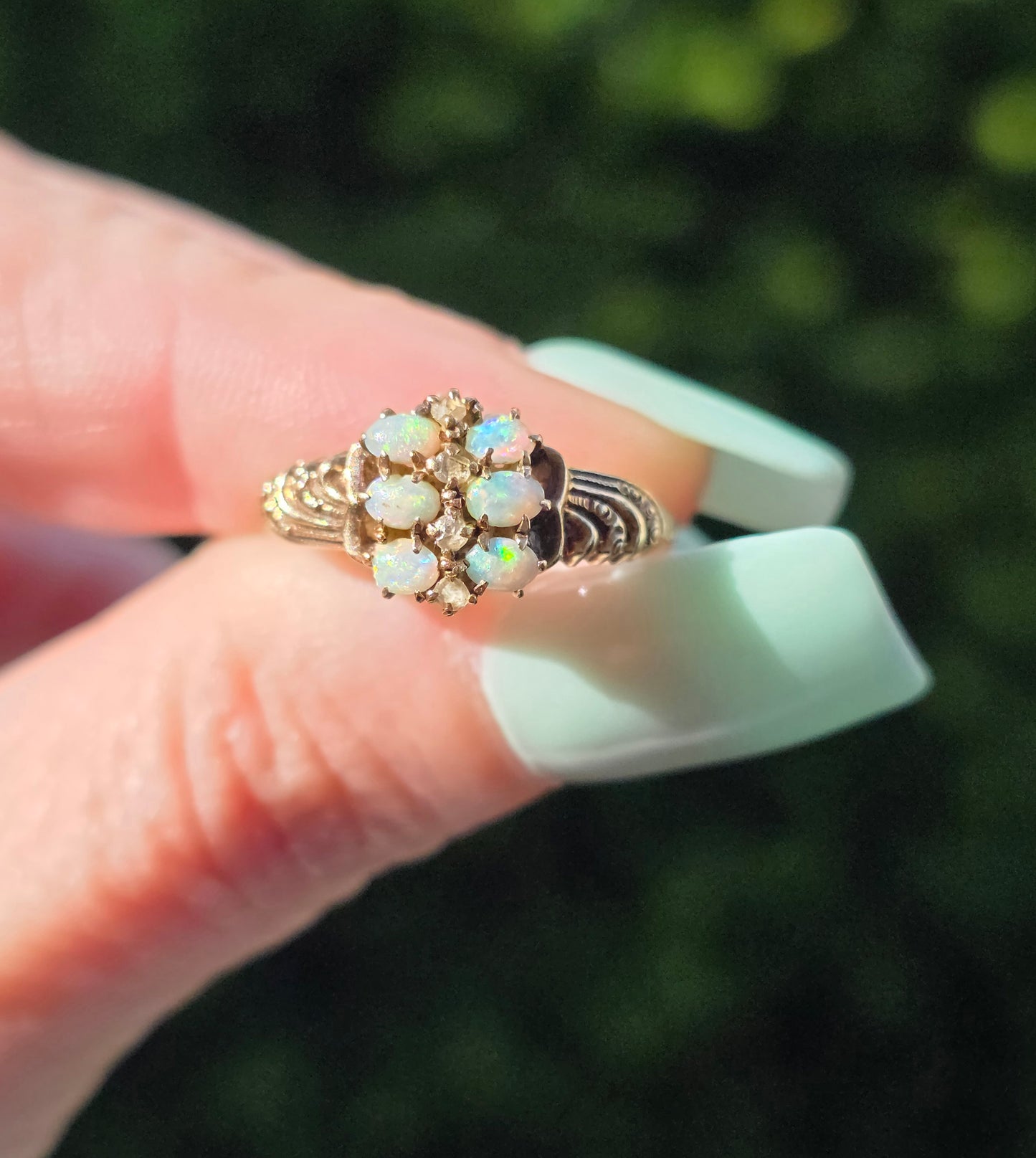 Antique 10k Gold Opal and Rose Cut Diamond Ring