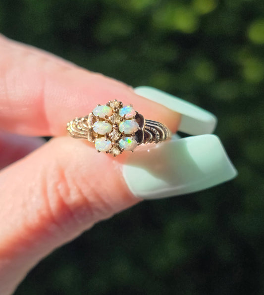 Antique 10k Gold Opal and Rose Cut Diamond Ring
