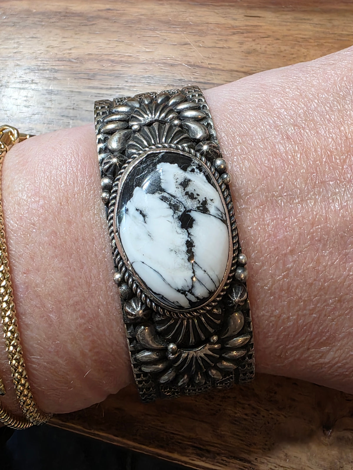 Navajo White Buffalo Wide Ornate Sterling Silver Cuff Bracelet Signed J.O. White