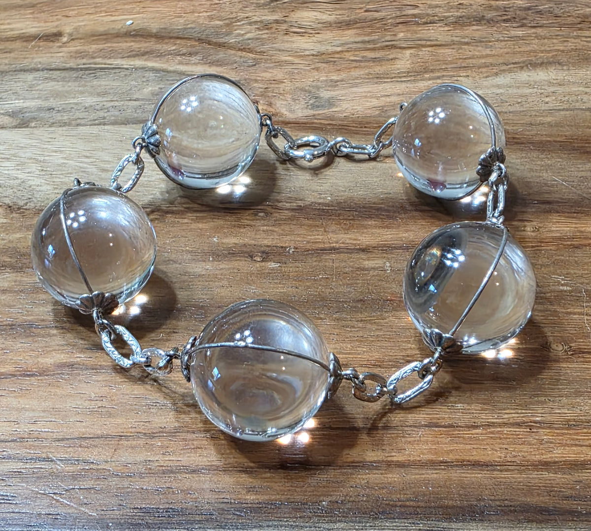 Art Deco Sterling & G.F. Rock Crystal Orb "Pools Of Light" Bracelet, 8"