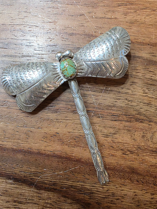 Old Pawn Vintage Navajo Sterling Silver & Turquoise Dragonfly Brooch Pin Signed
