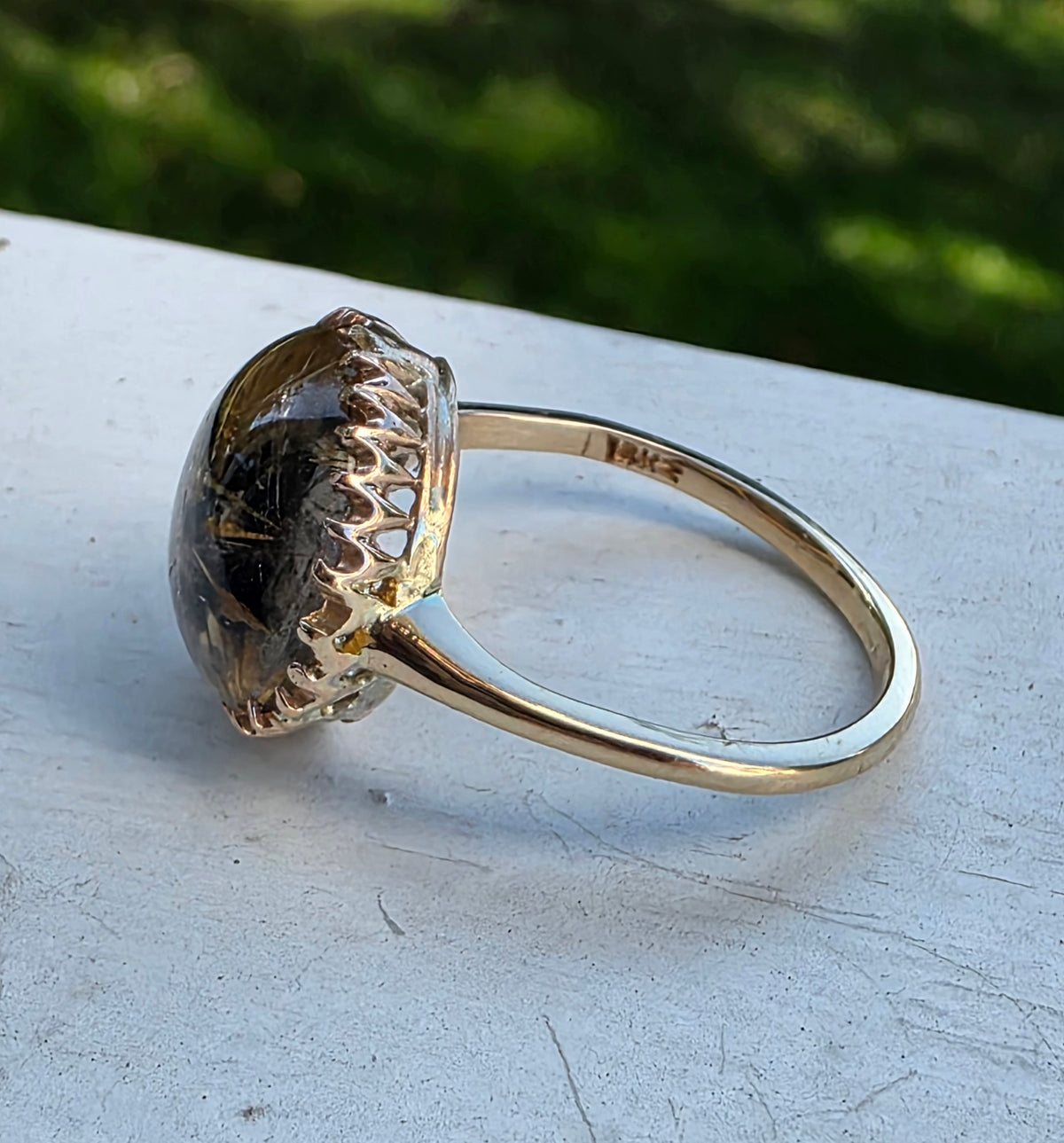 14K Gold Star Rutilated Quartz Cabochon Ring – Antique Style Beaded Statement