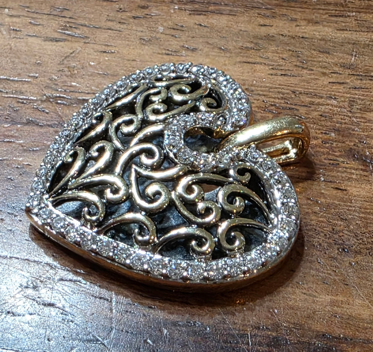 Estate 14k Gold Diamond Filigree Heart Pendant, 6.3 Grams