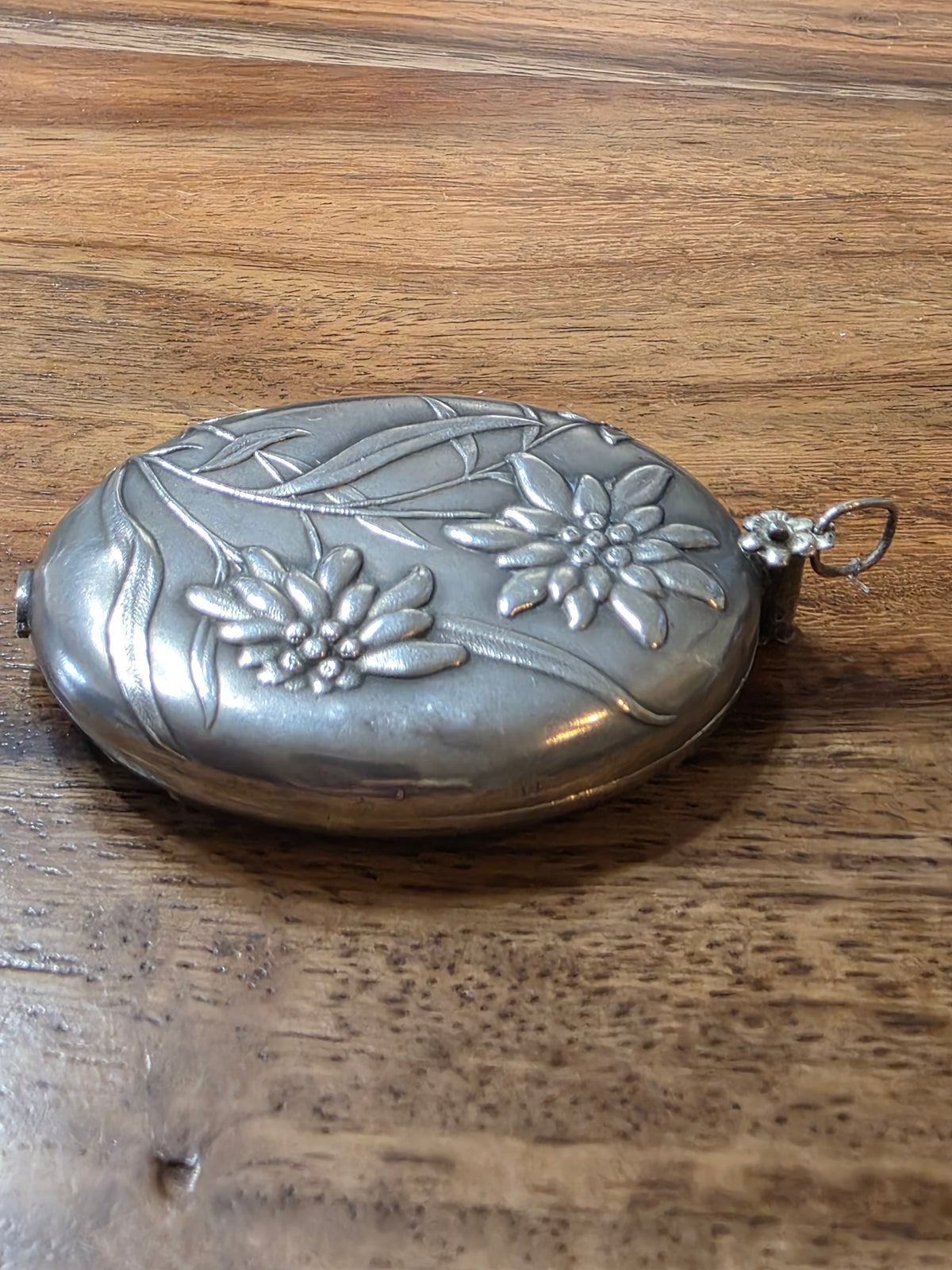 Antique French Art Nouveau Edelweiss Silver Sliding Pocket Mirror Pendant