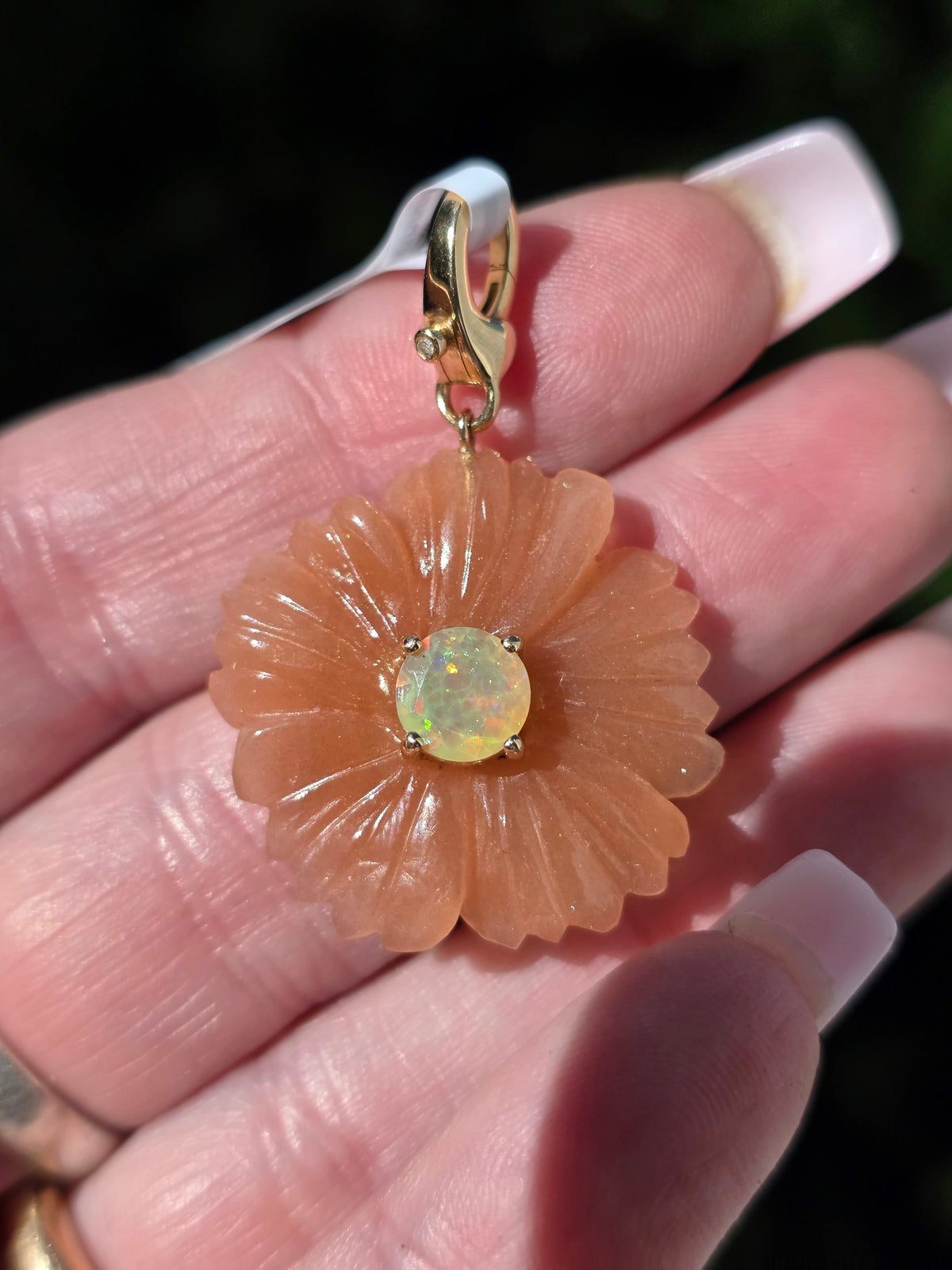 14k Gold Sunstone, Opal & Diamond Flower Pendant