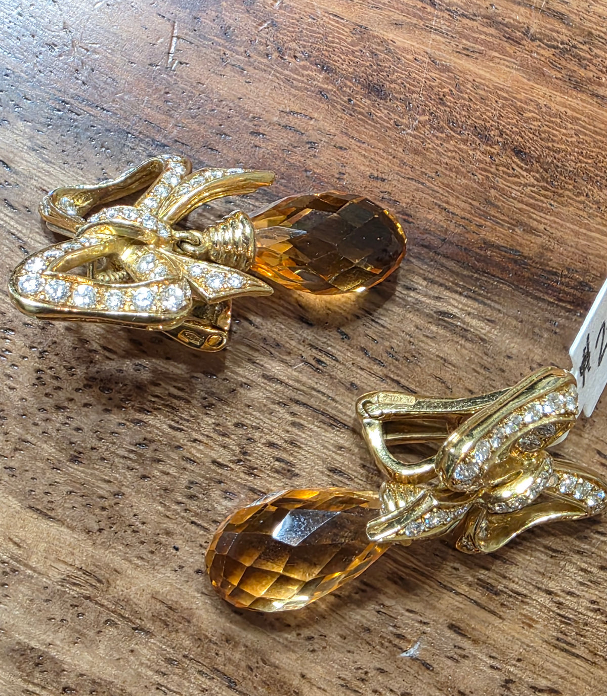 CHIMENTO Vintage 18K Yellow Gold Diamond Citrine Bow Drop Earrings 3189 AL 750