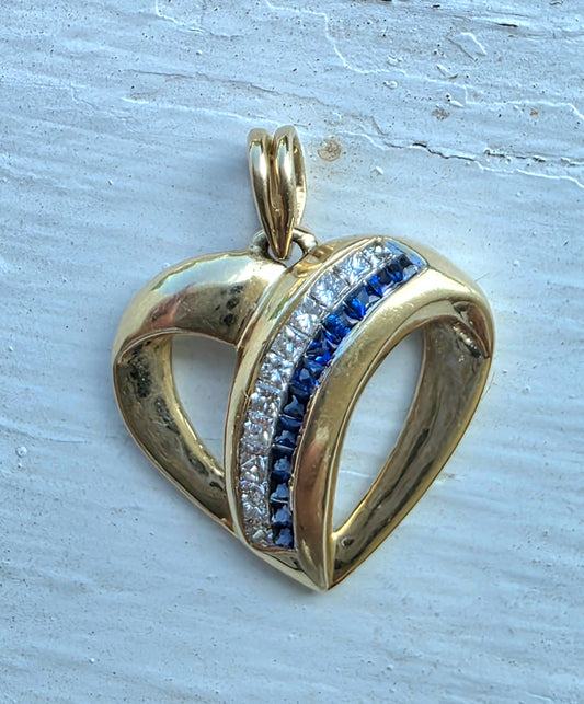 Sapphire & Diamond Channel Set Open Heart Pendant