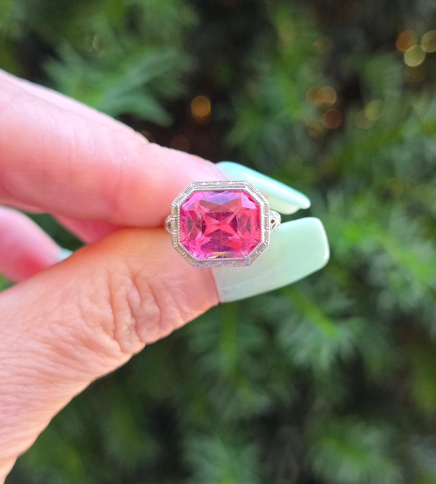 Art Deco Platinum Pink Tourmaline Ring