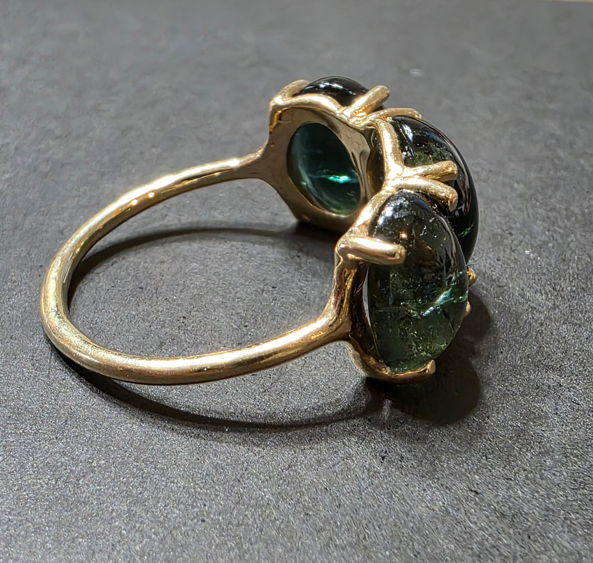 Charlie & Marcelle 14k Gold Small Gumdrop 3-Stone Green Tourmaline Cabochon Ring