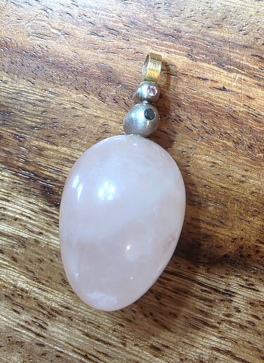 Artisan 18k Gold & Platinum Pink Rose Quartz Egg Pendant, Black & Pink Diamonds