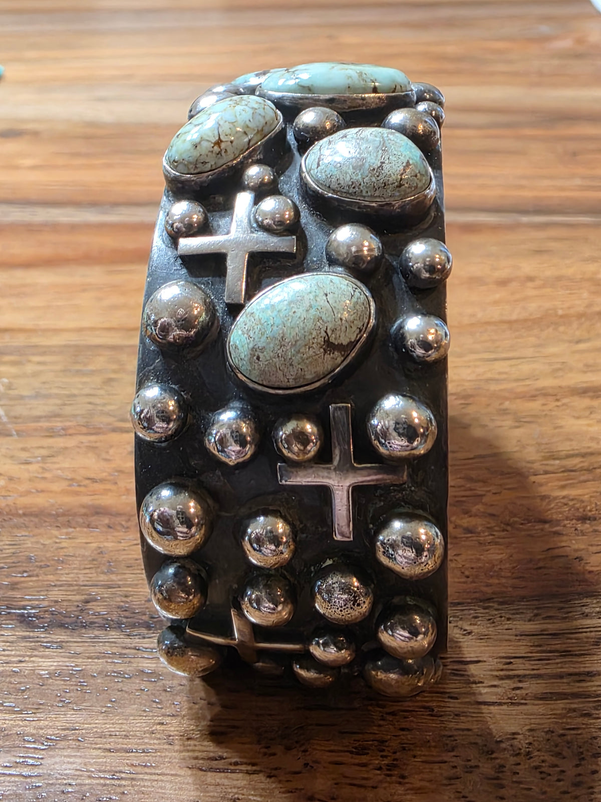 Navajo Ronnie Willie Dry Creek Turquoise Sterling Silver Cross Cuff Bracelet
