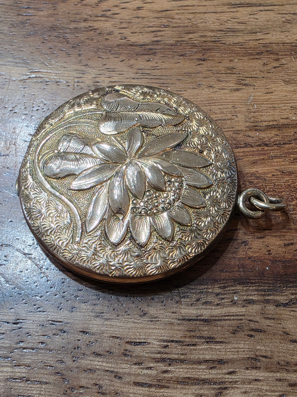 Antique Art Nouveau Gold Filled Repousse Locket Pendant Water Lily Flower c1900