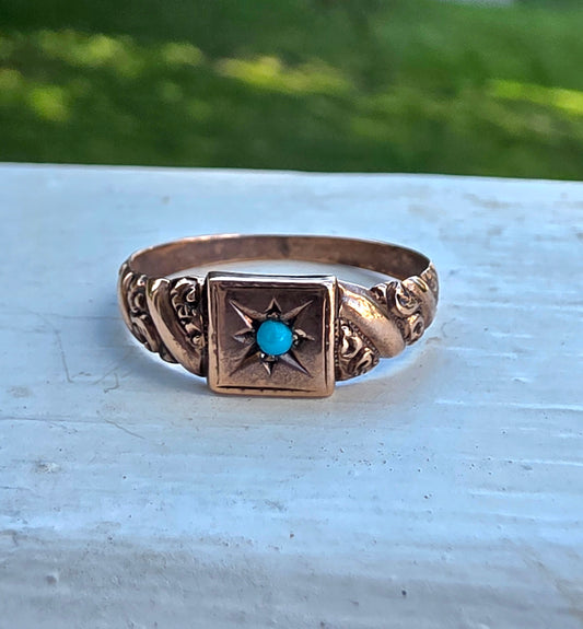 Antique Victorian 10k Rose Gold Embossed Starburst Turquoise Signet Ring