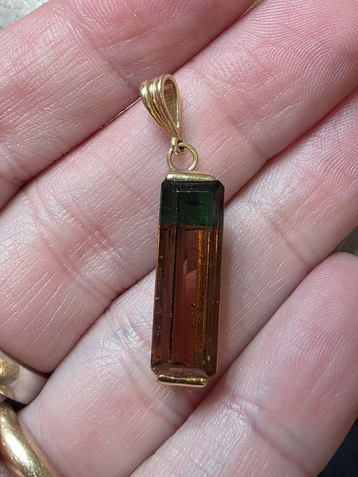 14k Yellow Gold Natural Watermelon Tourmaline Pendant Bi-Color Crystal