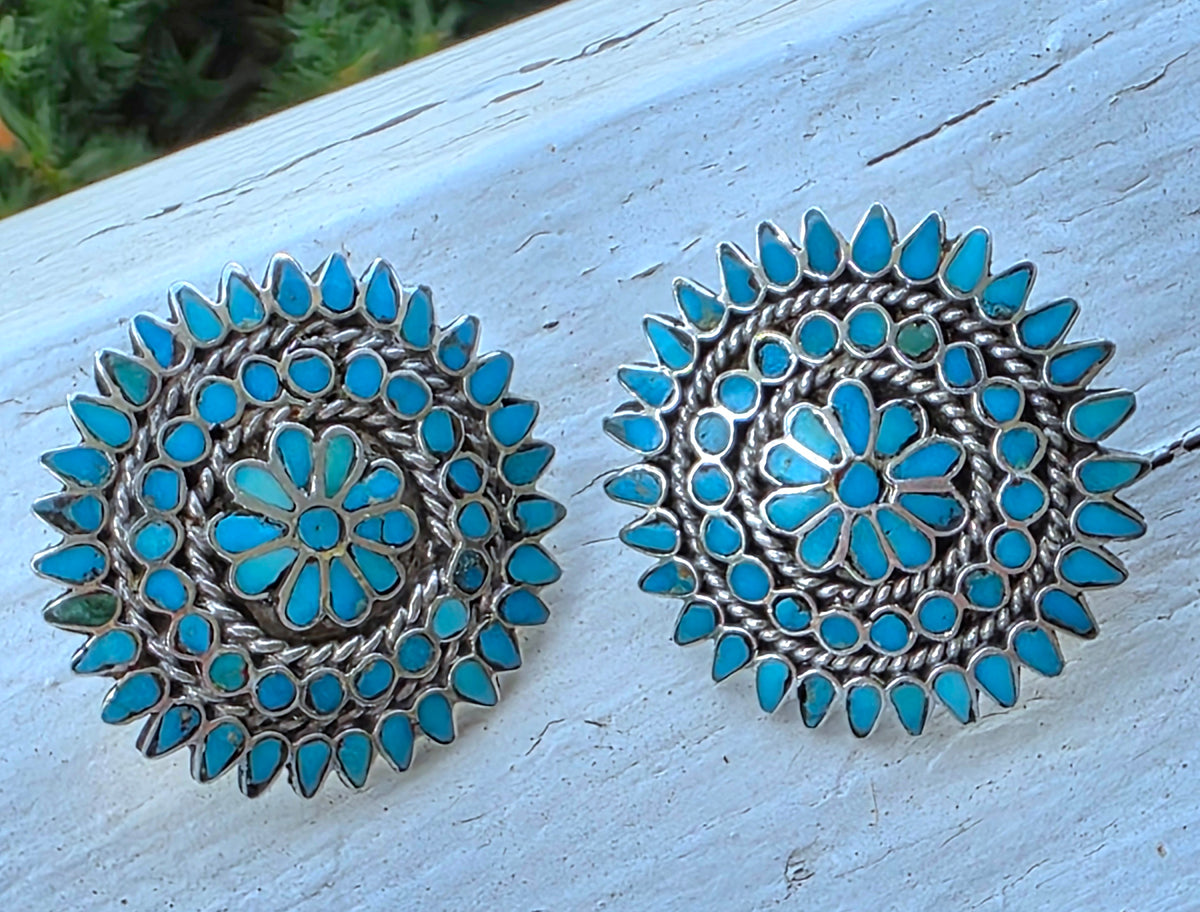 Vintage Zuni Indian Turquoise Flush Inlay Earrings, Sterling Silver, Pierced
