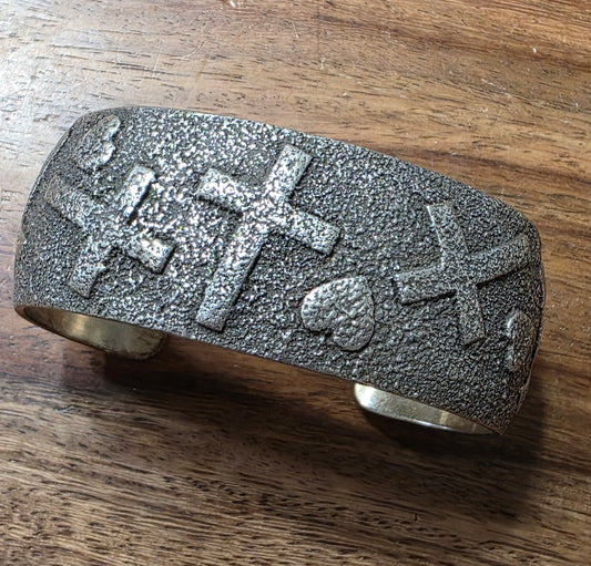Navajo Tufa-Cast Sterling Silver Cross & Heart Cuff Bracelet, Henry Yazzie, 69g