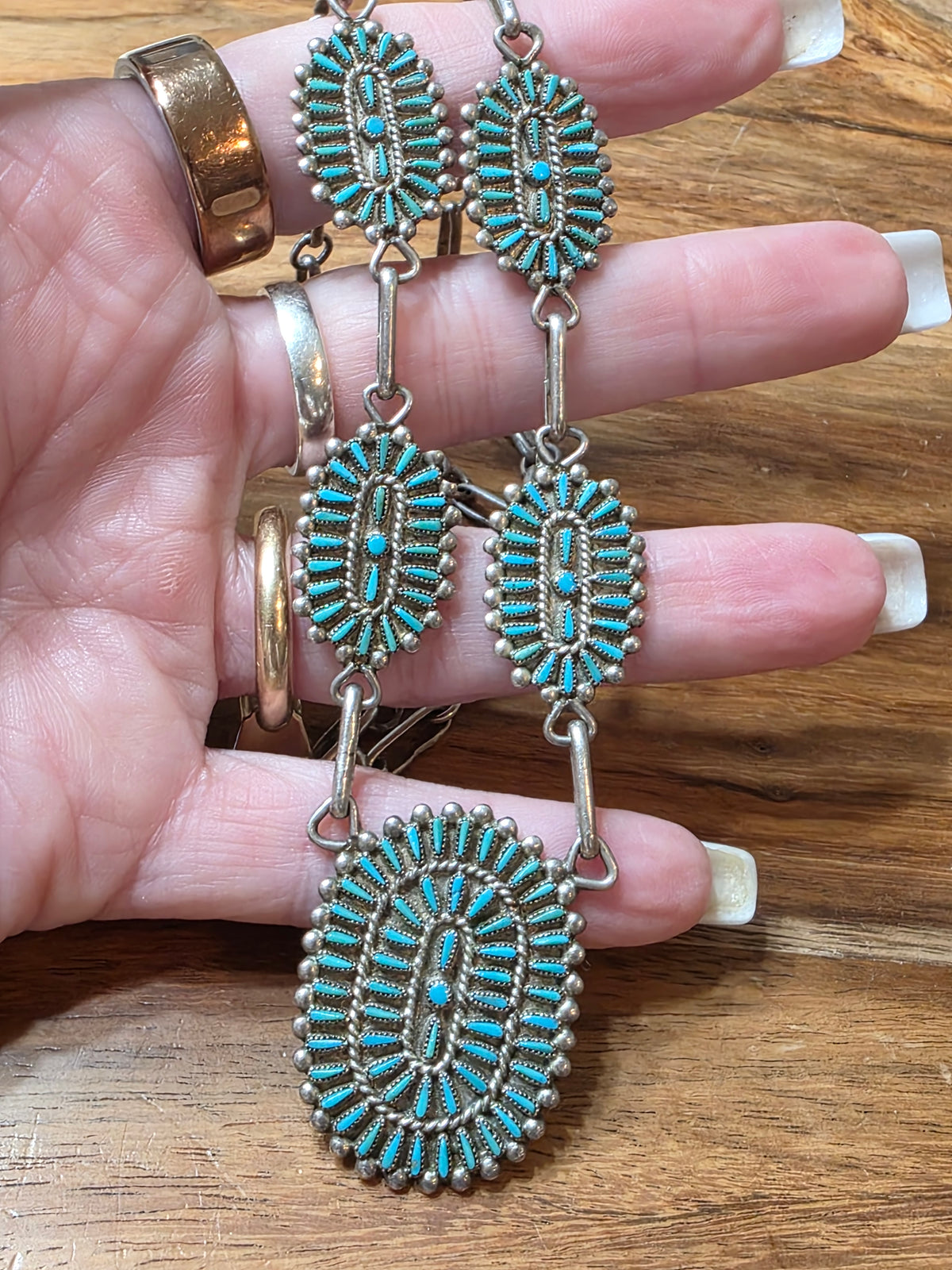 Vintage Zuni R.Q. Panteah Turquoise Needlepoint Sterling Silver Cluster Necklace