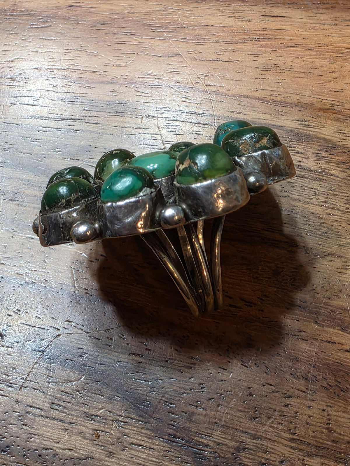 Vintage Old Pawn Navajo Sterling Silver & Green Turquoise Cluster Ring Size 8.25