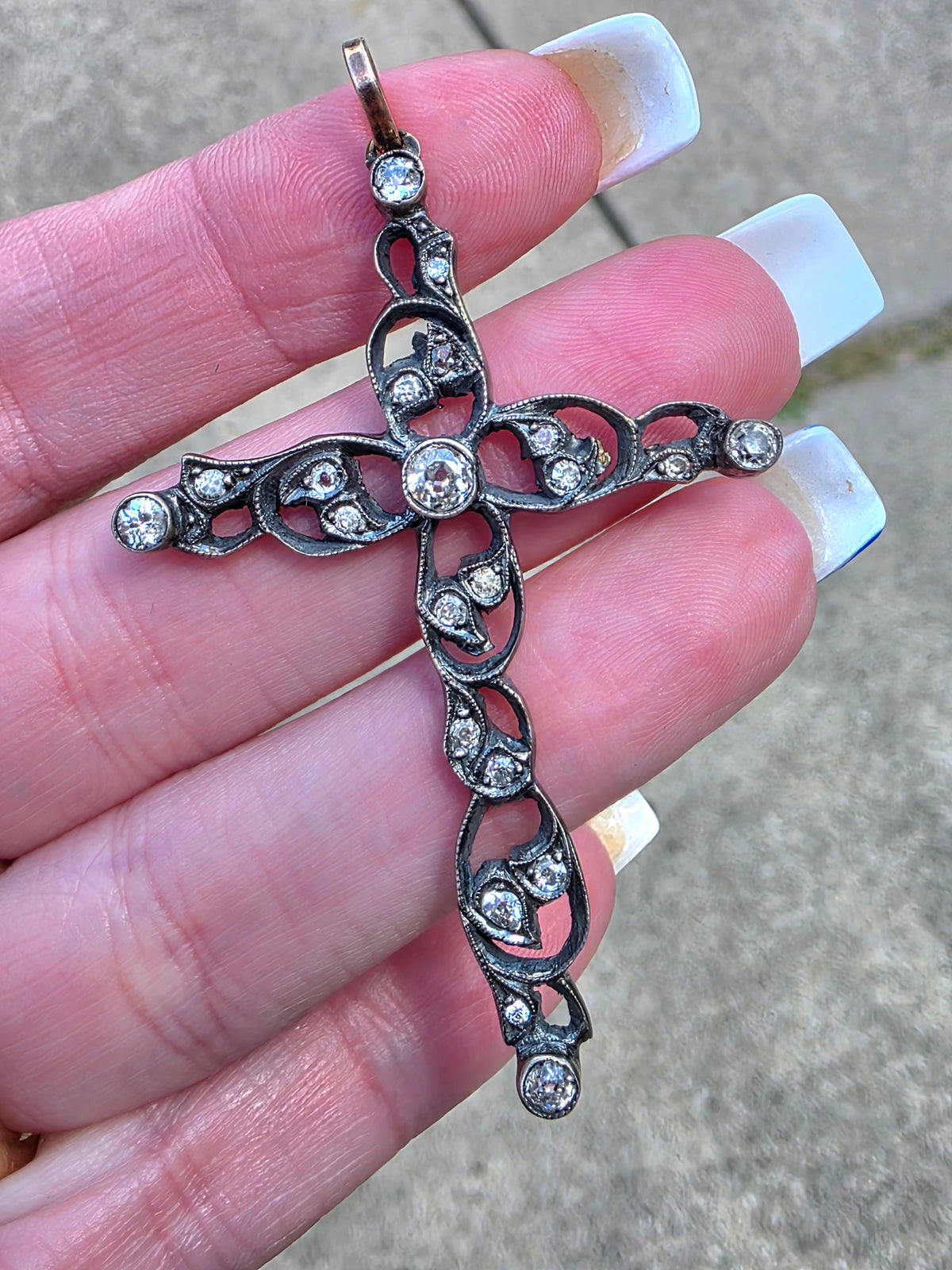 Antique Silver & Gold Rose Cut Diamond Cross Pendant