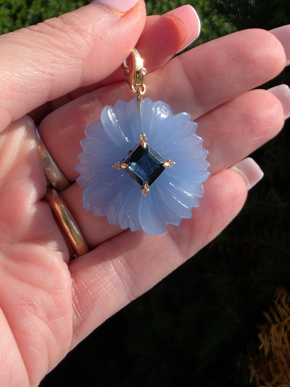 Chalcedony & London Blue Topaz Carved Flower Pendant