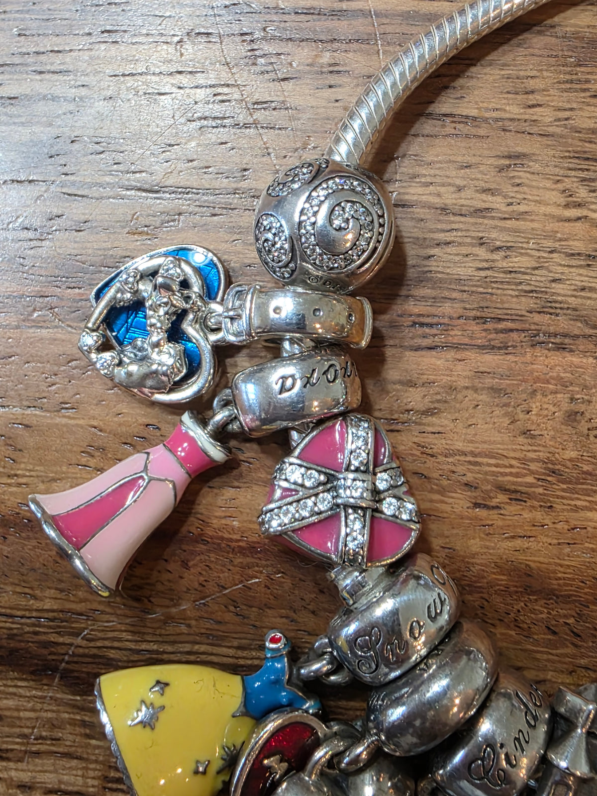 Authentic Pandora Disney Princess Charm Bracelet - 17 Charms Inc. 7 Dresses, 925
