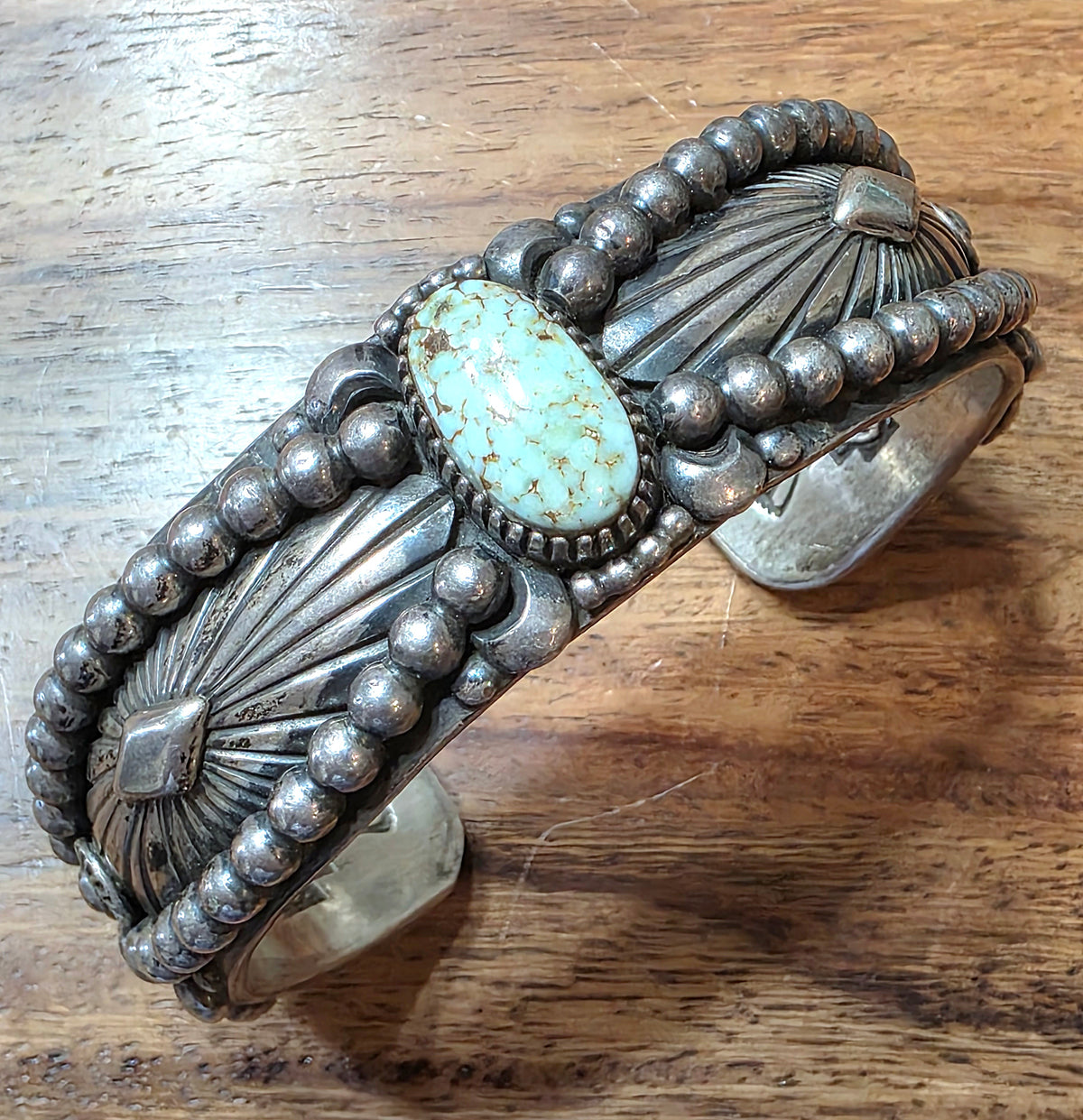 Navajo Delbert Gordon Dry Creek Turquoise Ornate Sterling Silver Cuff Bracelet
