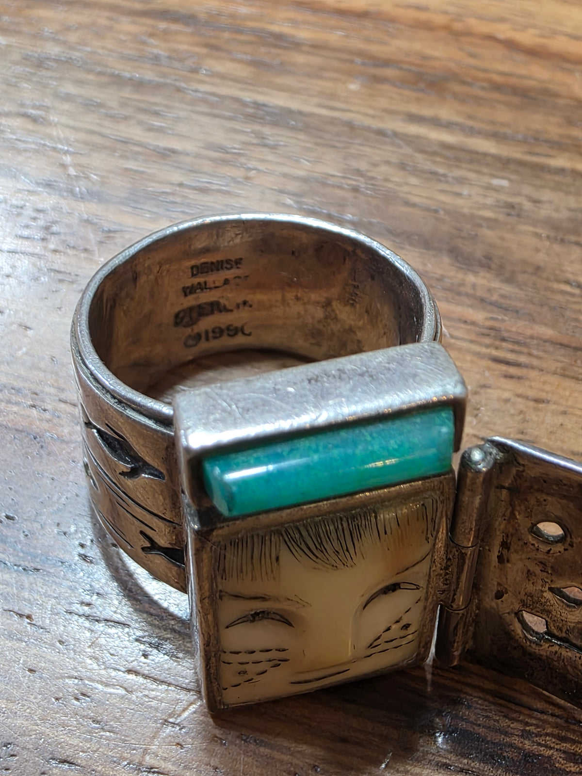 Native American Inuit Denise Wallace Vintage Sterling Silver Hinged "Seal Hunt" Mask Ring