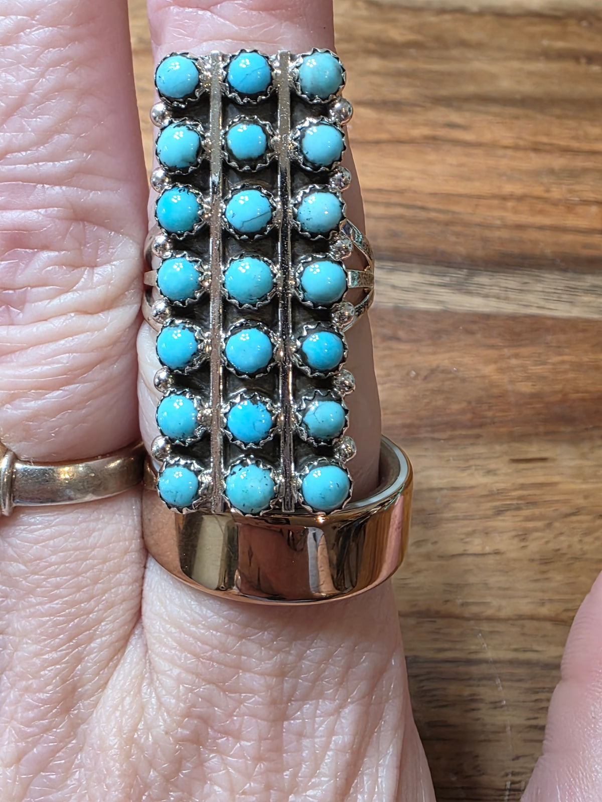 Zuni Style Native American Sterling Silver Snake Eye Turquoise 3 Row Ring