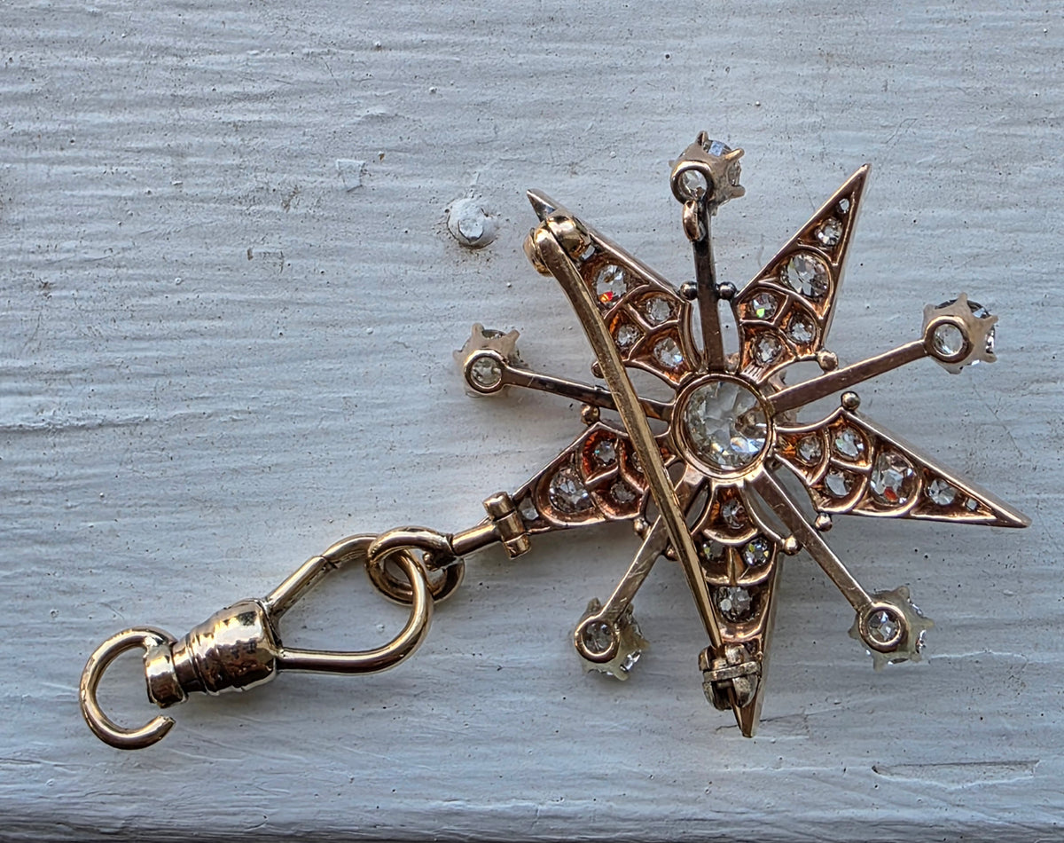Antique Victorian 14K Gold Diamond Celestial Starburst Brooch Pendant Old European Cut 3.3ctw