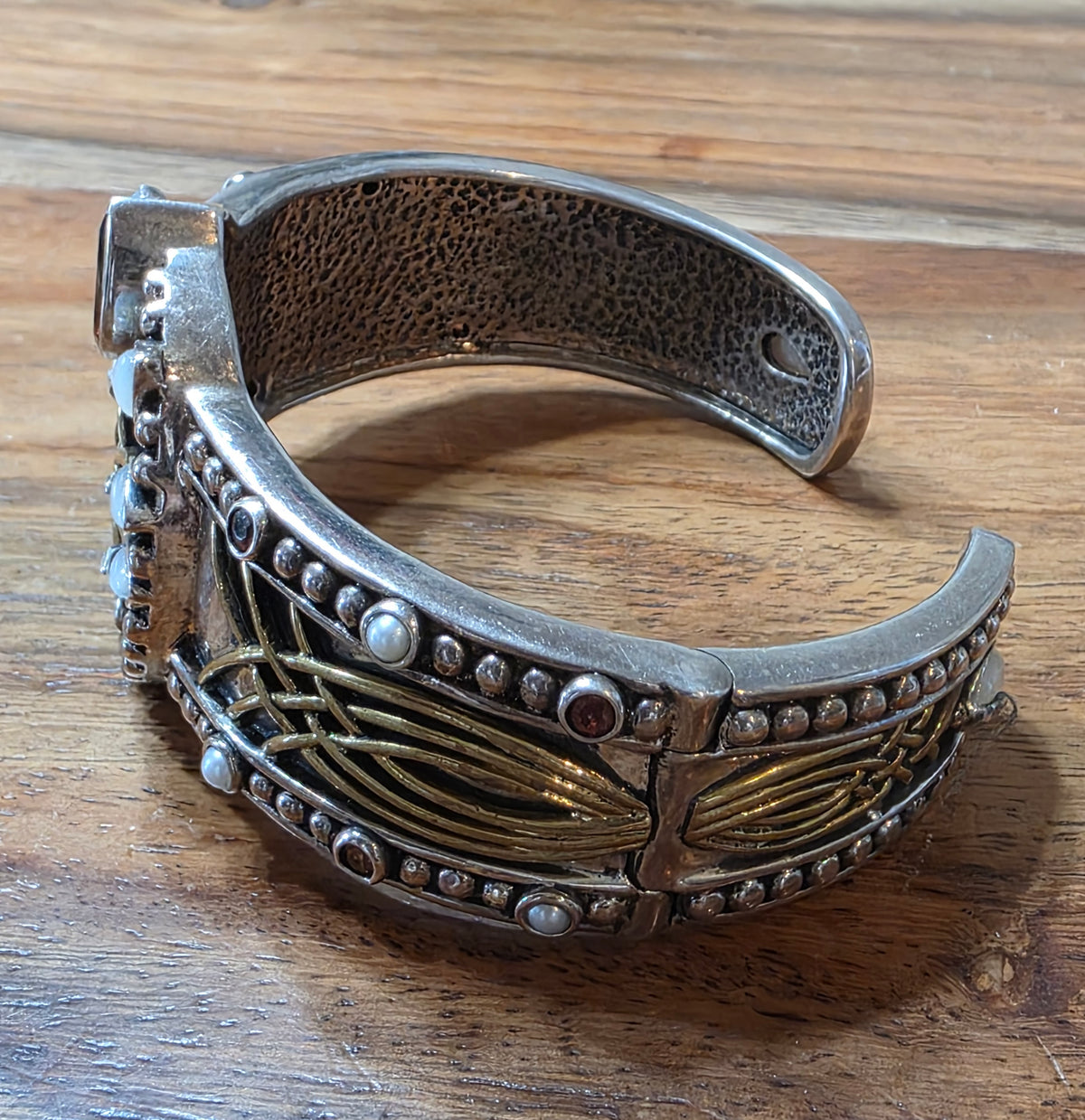 Echo of the Dreamer Sterling Silver Bronze Onyx Garnet Lily Cuff Bracelet