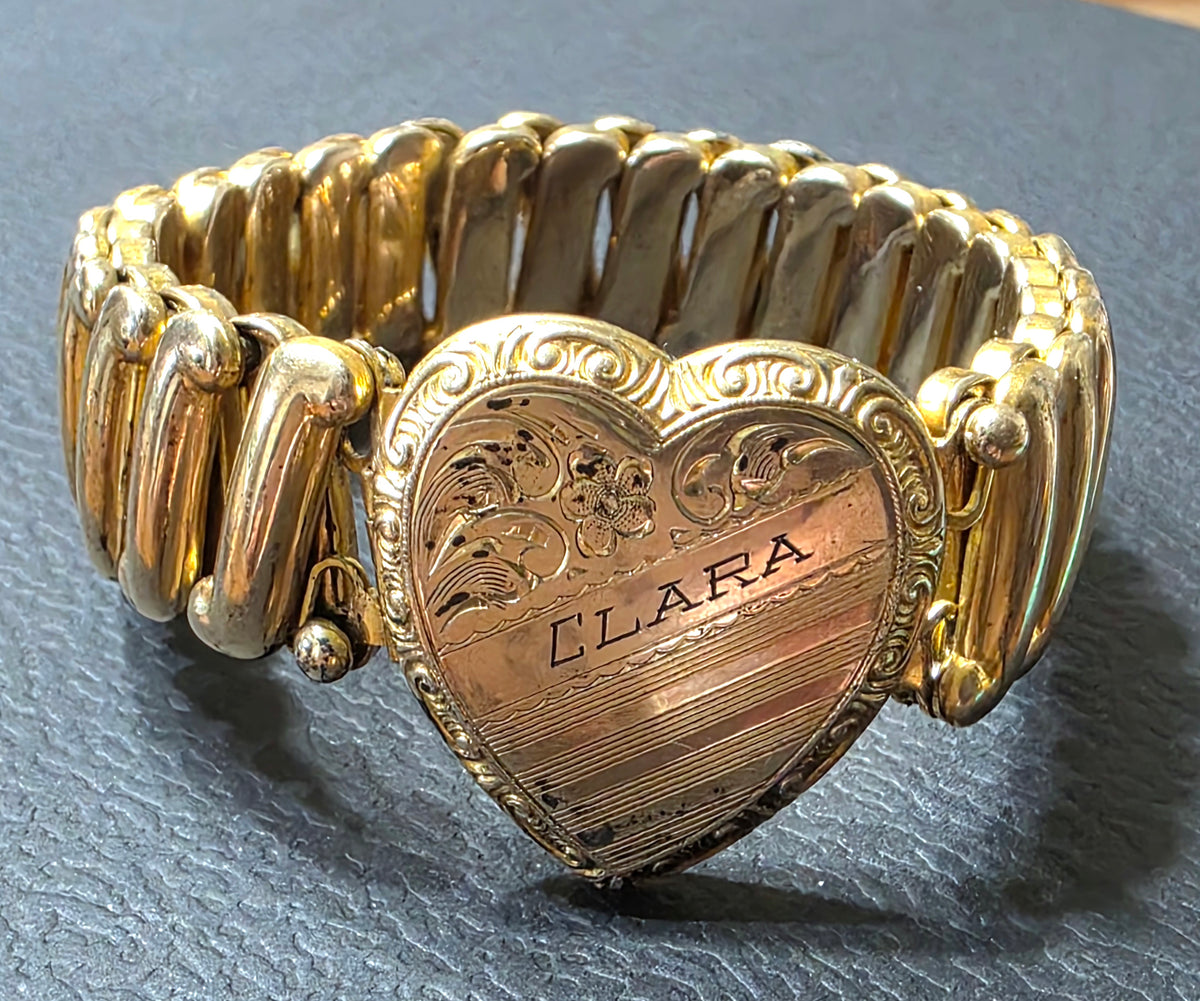 Vintage 1940s Sweetheart Expansion Bracelet With Heart Locket, Monogram "Clara"