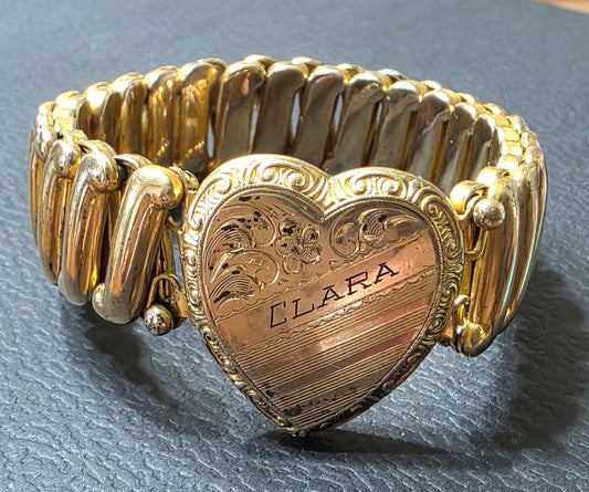 Vintage 1940s Sweetheart Expansion Bracelet With Heart Locket, Monogram "Clara"