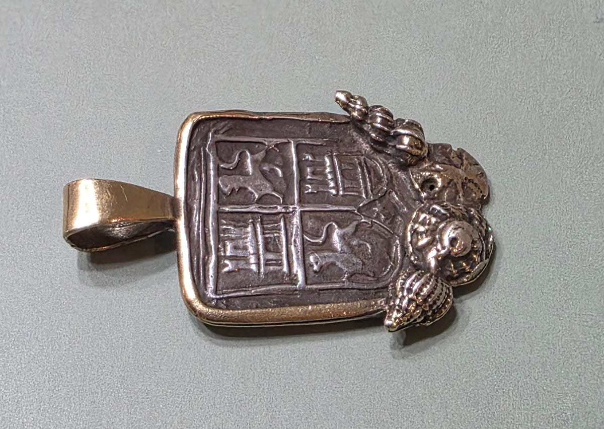 Sterling Vermeil Atocha Shipwreck Replica Coin Shield Pendant Seashell Accents