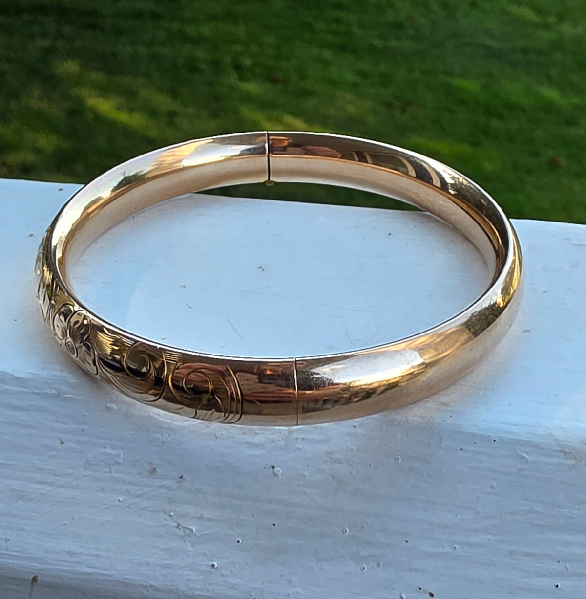 Victorian 1/10 Gold Filled Hinged Bangle Bracelet, Floral Design by A.A. Greene