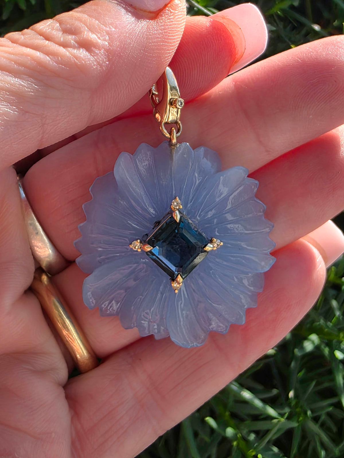 Chalcedony & London Blue Topaz Carved Flower Pendant