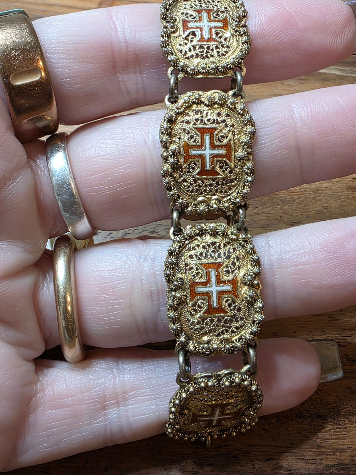 Antique Portuguese .833 Silver Vermeil Filigree Bracelet Order of Christ Enamel