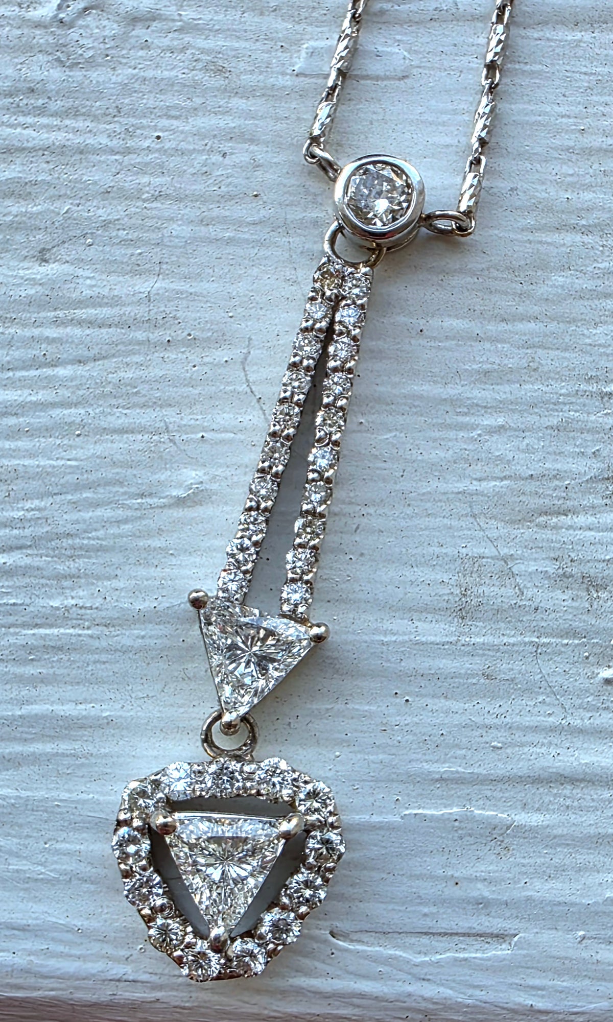 Estate 14k White Gold Trillion Cut Natural Diamond Lavalier Necklace, 2ctw