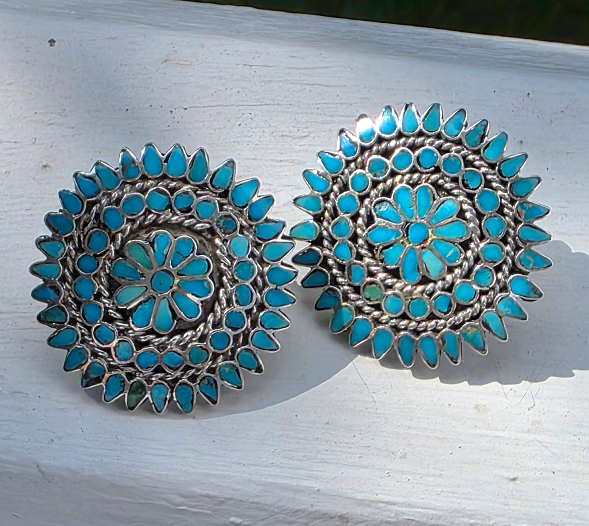 Vintage Zuni Indian Turquoise Flush Inlay Earrings, Sterling Silver, Pierced
