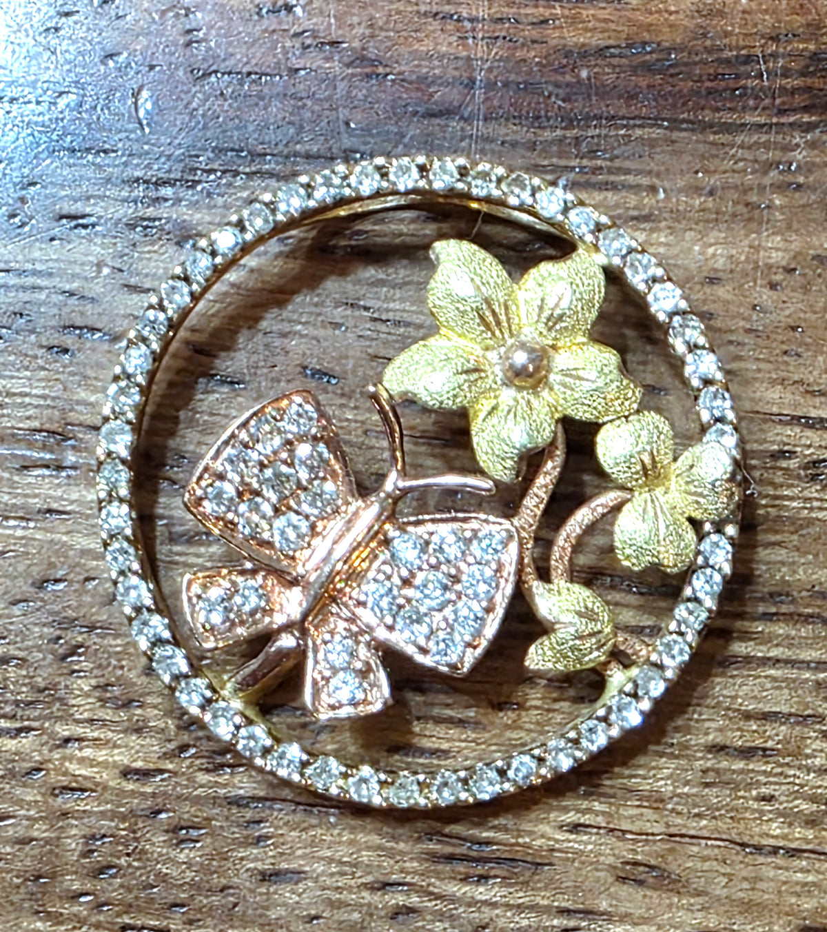 14k Multicolor Gold & Diamond Floral Butterfly Disc Pendant