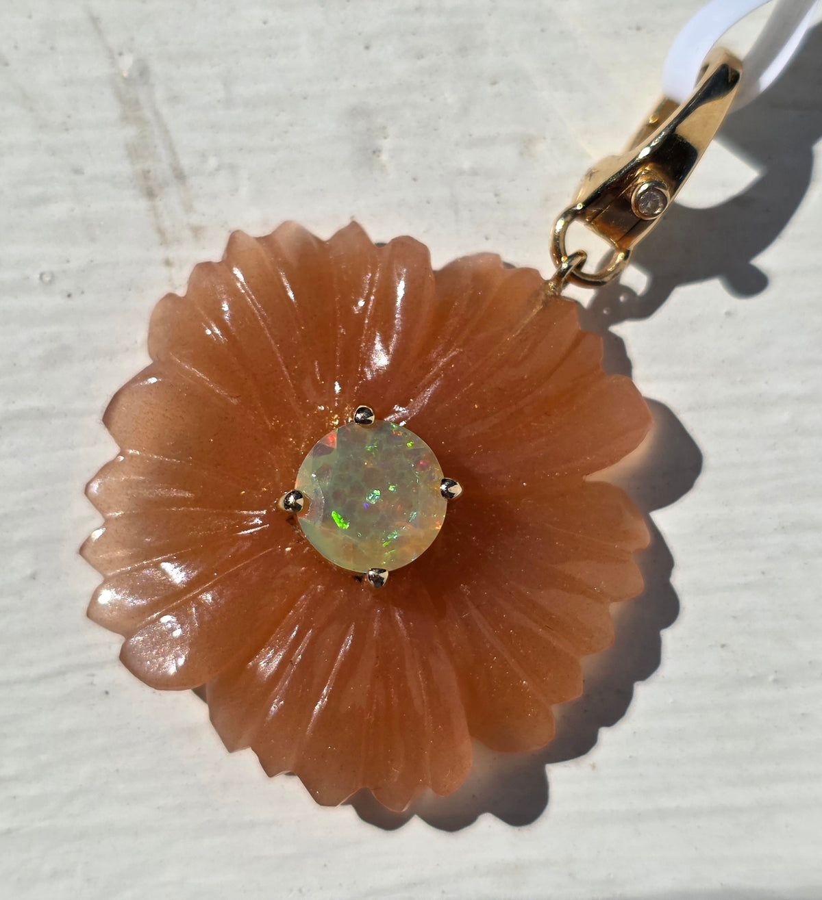 14k Gold Sunstone, Opal & Diamond Flower Pendant