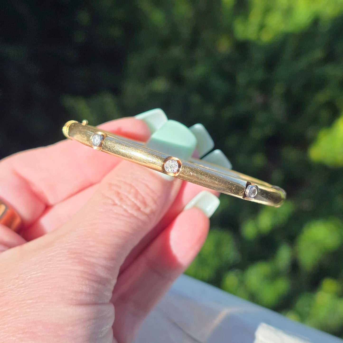 Vintage 14k Gold and Bezel Set Diamond Bangle Bracelet